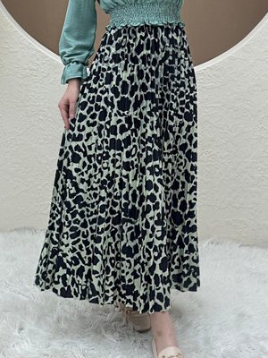 Su Yeşili Uzun Dijital Baskılı Pliseli Etek