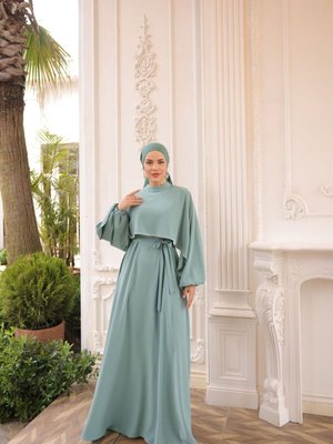 Mint Taşlı Yarasa Kol Abiye Elbise