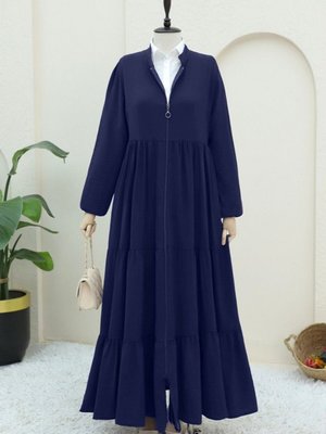 Lacivert Boydan Fermuarlı Kolu Lastikli Parçalı Ayrobin Ferace