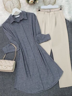 Füme Boydan Gizli Düğmeli Keten Tunik