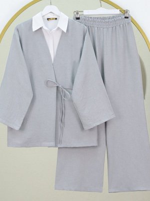 Gri Önden Bağlamalı Pantolonlu Kimono İkili Takım