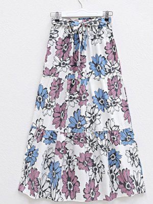 İndigo Uzun Desenli Kemerli Beli Lastikli Keten Etek