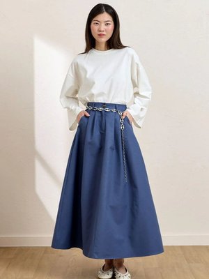 İndigo Keten Tek Düğmeli Etek