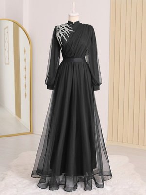 Siyah Önü Taş Detaylı Drapeli Kemerli Tül Abiye Elbise