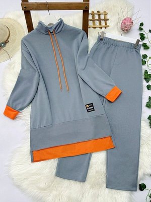 Gri Turuncu Detaylı İki İp Penye İkili Takım