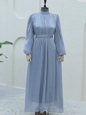 Gri Omuzdan Büzgülü Işıltı Kumaş Balon Kol Abiye Elbise