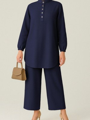 Lacivert Yarım Düğmeli Koli Lastikli Dik Yaka Keten İkili Takım