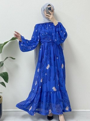 Saks Bel Ve Boyundan Büzgülü Balon Kol Astarlı Şifon Abiye Elbise