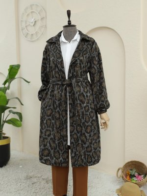 Leopar Kruvaze Yaka Kemerli Cepli Desen Kaşe Kap