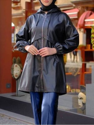 Siyah Kapüşonlu Cepli Deri Kap