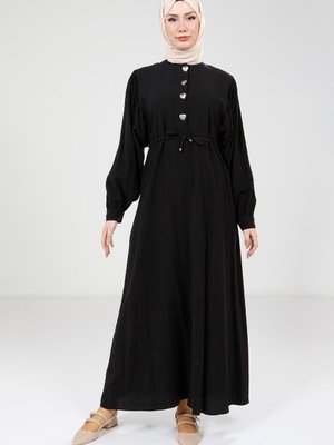 Siyah Düğme Detaylı Modal Elbise