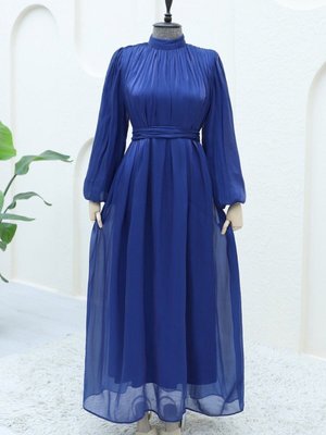 Lacivert Omuzdan Büzgülü Işıltı Kumaş Balon Kol Abiye Elbise