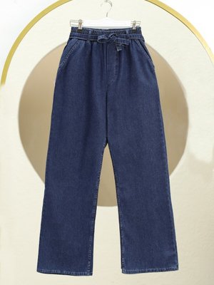 İndigo Bol Paça Beli Lastikli Kuşaklı Kot Pantolon