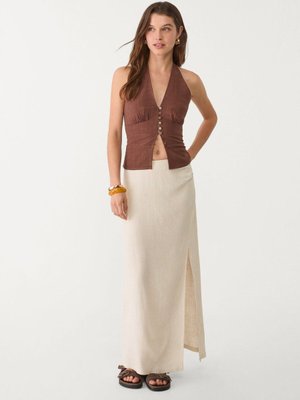 Koyu Bej Uzun Yan Yırtmaçlı Keten Etek Koyu Bej Uzun Yan Yırtmaçlı Keten Etek