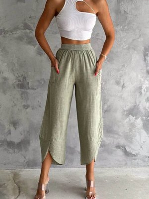 Yeşil Flamlı Keten Yüksek Bel Rahat Kesim Pantolon
