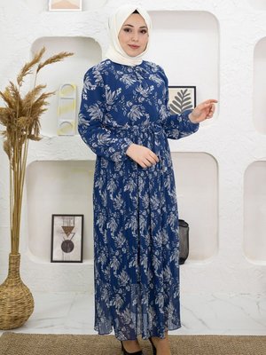 İndigo Çiçek Desenli Pileli Elbise