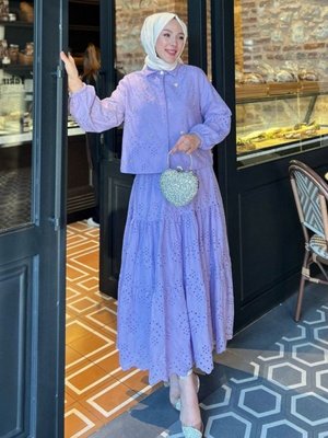 Lila Fisto Detaylı Etekli İkili Takım