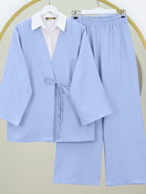 Bebe Mavi Önden Bağlamalı Pantolonlu Kimono İkili Takım