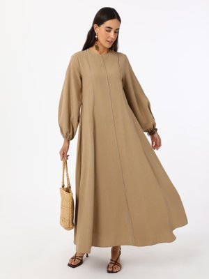 Camel Keten Karışımlı Dikiş Detaylı Elbise