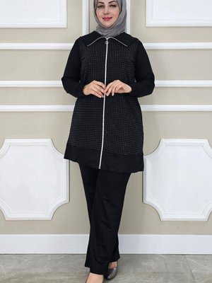 Siyah Beden Taş Detaylı İkili Takım