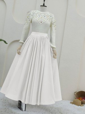 Ekru Uzun Beli Lastikli Poplin Prenses Etek