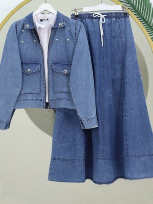 Buz Mavi Serpme İncili Fermuarlı Ceket Etek Kot İkili Takım