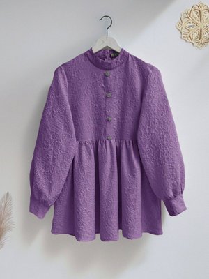 Mor Önü Taşlı Düğme Detaylı Parçalı Arkası Fermuarlı Tunik