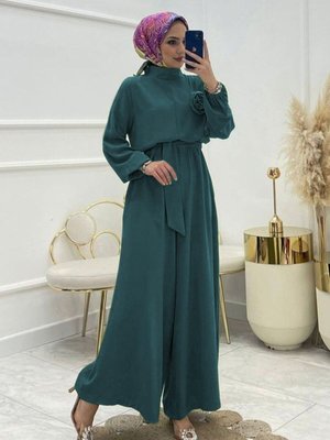 Petrol Dik Yaka Kemerli Güllü Tulum