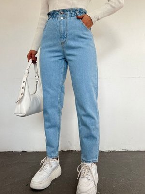 Açık Mavi Beli Lastikli Yüksek Bel Kot Pantolon