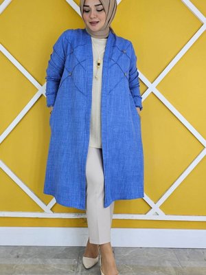 Koyu Mavi Kolye Detaylı Kimono Bluzlu İkili Takım Koyu Mavi Kolye Detaylı Kimono Bluzlu İkili Takım