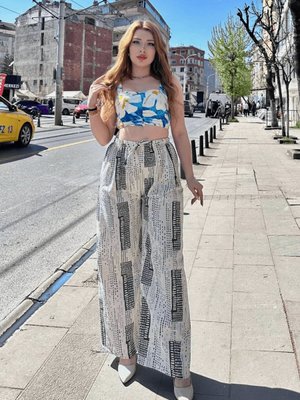 Krem Baskılı Bağcıklı Keten Pantolon Krem Baskılı Bağcıklı Keten Pantolon