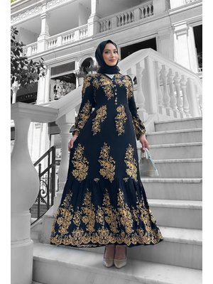 Siyah Sultan Desenli Viskon Elbise