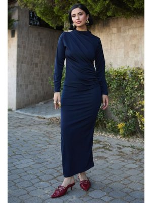 Büzgülü Sandy Lacivert Elbise Büzgülü Sandy Lacivert Elbise