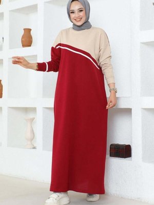 Bordo Şerit Detaylı Spor Elbise