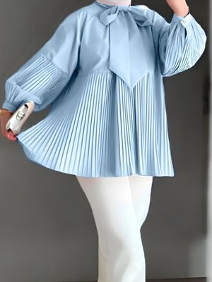 Bebe Mavi Yakası Bağcıklı Kolları Ve Eteği Pliseli Tunik