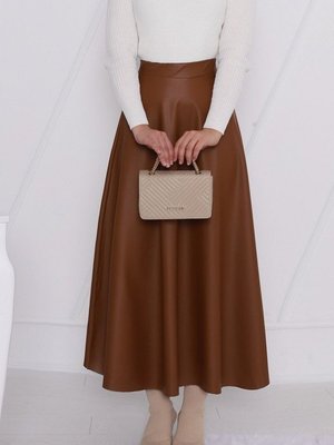 Taba Uzun Beli Lastikli Düz Deri Etek