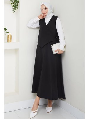 Çapraz Tek Cepli Siyah Yelekli Takım