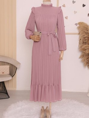 Pudra Önü Robalı Kolları Ve Bedeni Piliseli Elbise