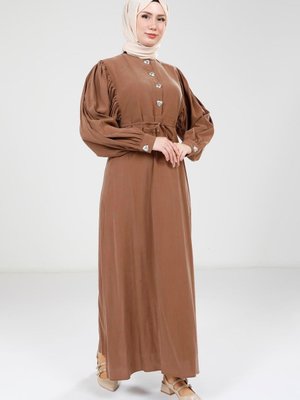 Kahve Düğme Detaylı Renk Modal Elbise