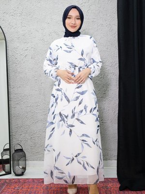 Mavi Çiçek Desenli Elbise