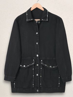 Siyah Yaka Ve Ceplerinde Taş İşlemel Kot Ceket Siyah Yaka Ve Ceplerinde Taş İşlemel Kot Ceket