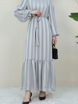 Gri Hakim Yaka Eteği Büzgülü Astarlı Elbise