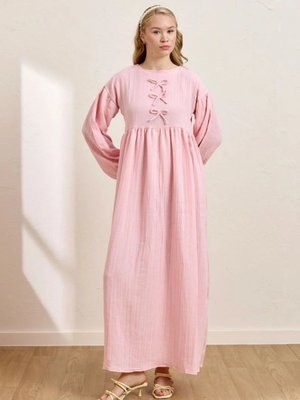 Pembe Müslin Fiyonklu Belroba Elbise