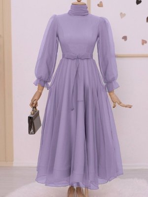 Açık Lila Kabarık Kol Ve Etekli Kuşaklı Tül Abiye Elbise