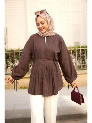 Kahverengi Önü Pile Detay Vual Gömlek