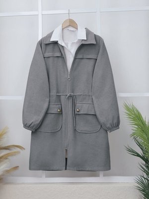 Füme Kolu Lastikli Top Düğme Cepli Fermuarlı Kaşe Kap