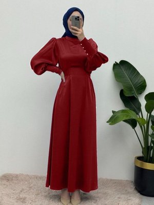 Kırmızı Uzun Manşetli Belden Bağlamalı Saten Balon Kol Abiye Elbise