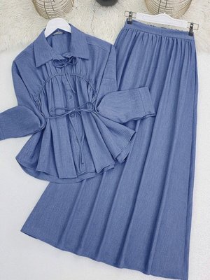 İndigo Yakası Ve Beli Bağlamalı Etekli İkili Takım