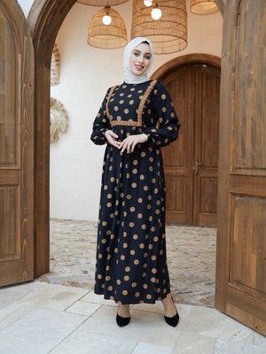 Kahverengi Ankanoor Fırfırlı Dantel Detaylı Keten Elbise Kahverengi Ankanoor Fırfırlı Dantel Detaylı Keten Elbise