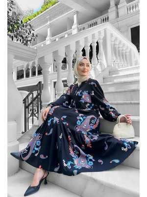 Mavi Mango Desenli Viskon Elbise